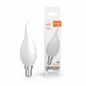 Лампа Gauss Basic Filament Свеча на ветру 6,5W 480lm 2700К Е14 milky  LED 1/10/50