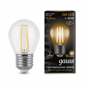 Лампа Gauss Filament Шар 5W 420lm 2700К Е27 LED 1/10/50