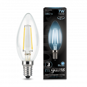 Лампа Gauss Filament Свеча 7W 580lm 4100К Е14 LED 1/10/50