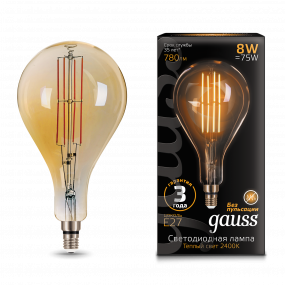 Лампа Gauss Filament А160 8W 780lm 2400К Е27 golden straight LED 1/6