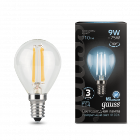 Лампа Gauss Filament Шар 9W 710lm 4100К Е14 LED 1/10/50