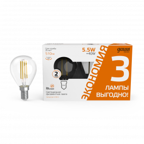 Лампа Gauss Basic Filament Шар 5,5W 510lm 2700К Е14 LED (3 лампы в упаковке) 1/20