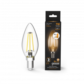 Лампа Gauss Filament Свеча 7W 550lm 2700К Е14 шаг. диммирование LED 1/10/50