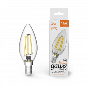 Лампа Gauss Basic Filament Свеча 4,5W 400lm 2700К Е14 LED 1/10/50