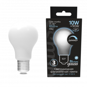 Лампа Gauss Filament А60 10W 860lm 4100К Е27 milky диммируемая LED 1/10/40