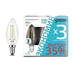 103801205T Лампа Gauss Filament Свеча 5W 450lm 4100К Е14 (3 лампы в упаковке) LED 1/20