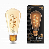 Лампа Gauss Filament ST64 6W 360lm 2400К Е27 golden flexible LED 1/10/40