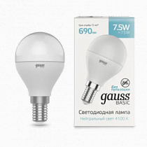 1053128 Лампа Gauss Basic Шар 7,5W 690lm 4100K E14 LED 1/10/100